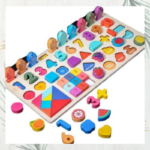 Planche chiffres, pêche, fruits et formes en bois