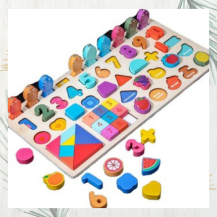 Planche chiffres, pêche, fruits et formes en bois