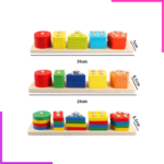 Cinq formes géométriques (pentagone, triangle, cercle, carré et rectangle) de couleurs différentes à empiler par bloc de 4