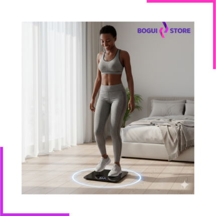 Femme utilisant une balance  intelligente noire dans une chambre.
