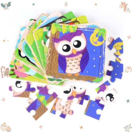 Puzzle éducatif en carton de bois hibou, lion, lapin, éléphant