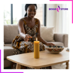 Bougie rainurée allumée dans une chambre cocooning