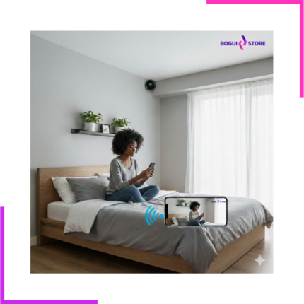 Femme surveillant sa chambre via son smartphone grâce à une caméra miniature connectée.