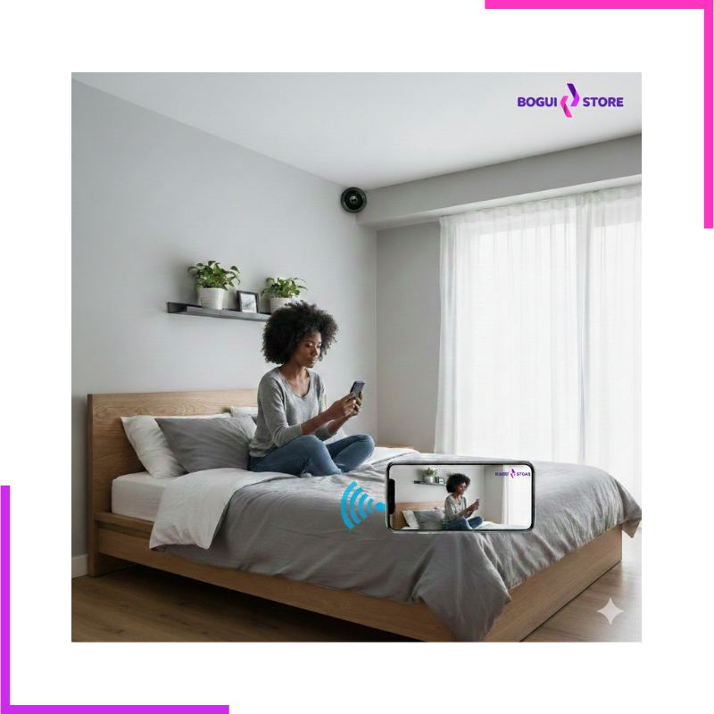 Camera_Miniature_Connectee_Wifi_2_3218f430-5c61-4007-88ba-66315d9579fa Femme surveillant sa chambre via son smartphone grâce à une caméra miniature connectée.