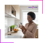 Femme souriante utilisant son smartphone pour visualiser le flux d'une caméra miniature installée dans sa cuisine.