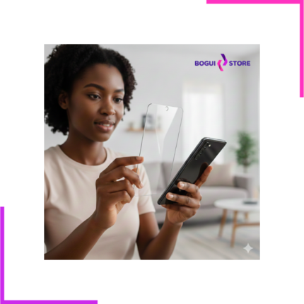 Femme tenant un smartphone et un protège-écran.