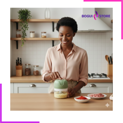 Hachoir électrique gris utilisé par une femme dans une cuisine moderne