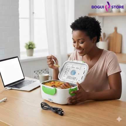 Jeune femme souriante utilisant une lunch box chauffante électrique blanche et verte sur un bureau, avec un câble d'alimentation plié à côté