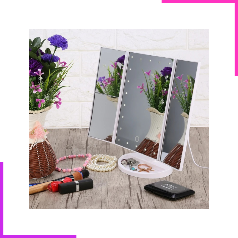 MiroirdemaquillageLEDatroiscotesaveclogopersonnalisedetypeC MIROIR DE MAQUILLAGE LED